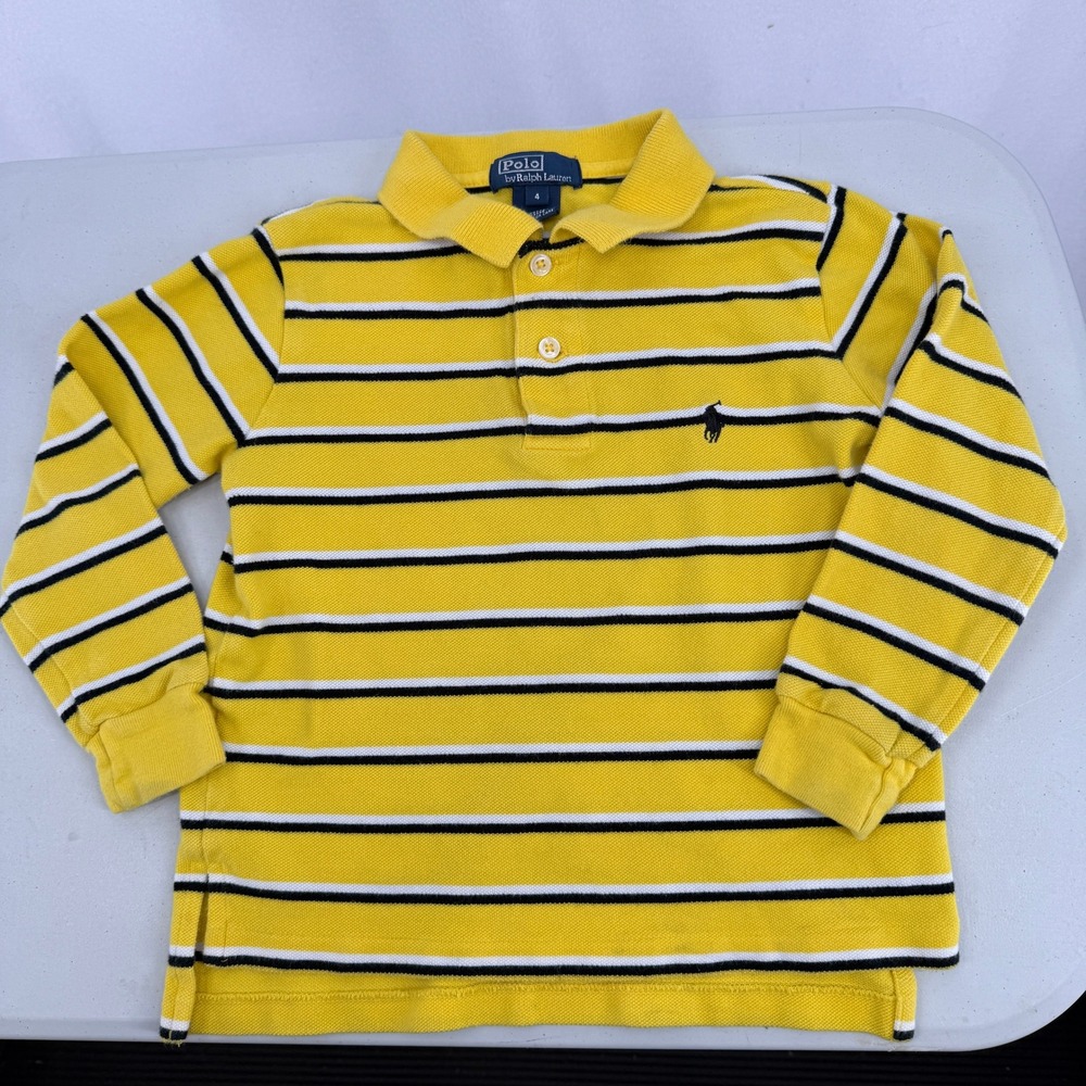Polo Ralph Lauren Shirt Size 4 Yellow Striped Pony Logo Long Sleeve‎ Black White